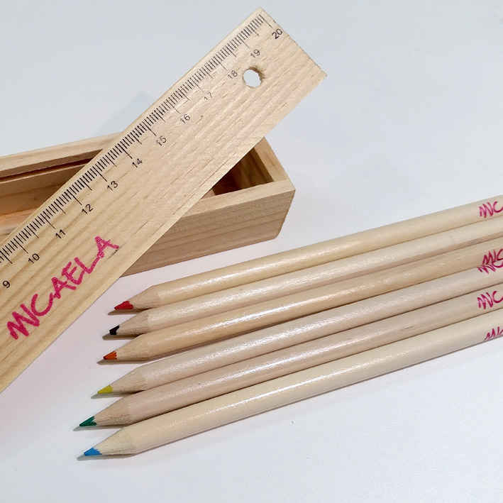 Estuche de Madera 6 lápices de colores con tapa regla