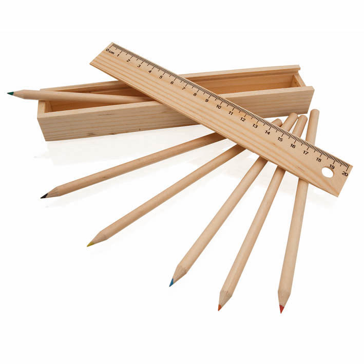 Estuche de Madera 6 lápices de colores con tapa regla