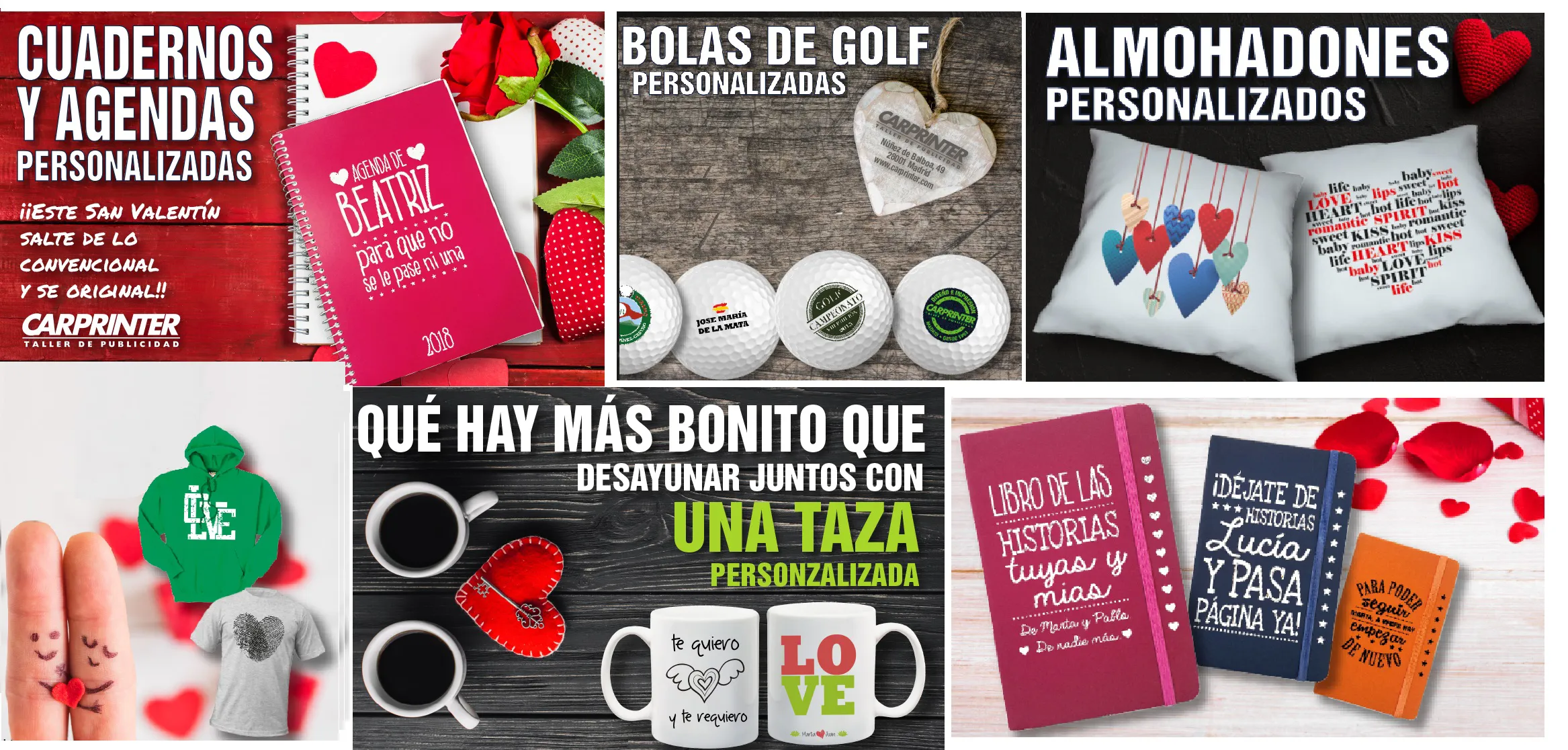 Collage con distintos regalos personalizados para san valentín